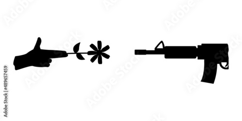 Flower in hand with rifle gun weapon. concept peace no war and stop war black icon vector design.