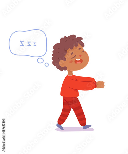 Boy sleepwalker walking in funny pajamas at night, kid sleepwalking