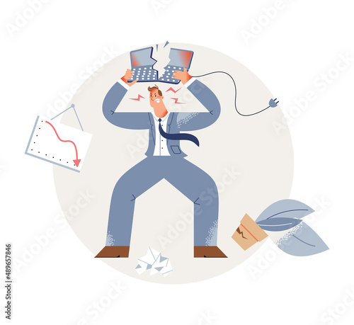 Angry employee breaking laptop after bad financial news about stock market decrease