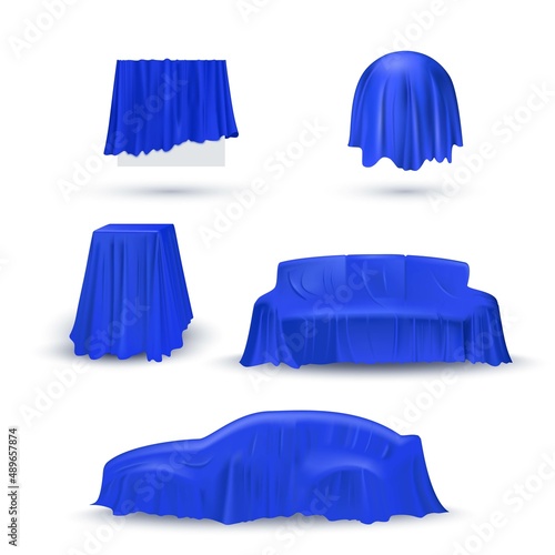 Objects in blue cloth drapery set. Silk fabric covering gifts for surprise reveal vector illustration. Hidden car, sofa, table, circle under veil. Mysterious presentation event
