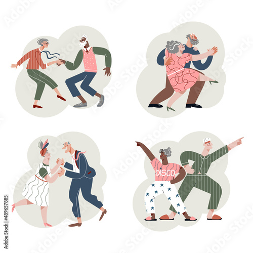 Fun dance of senior people set, elderly couple dancing to music, leisure of funny dancers