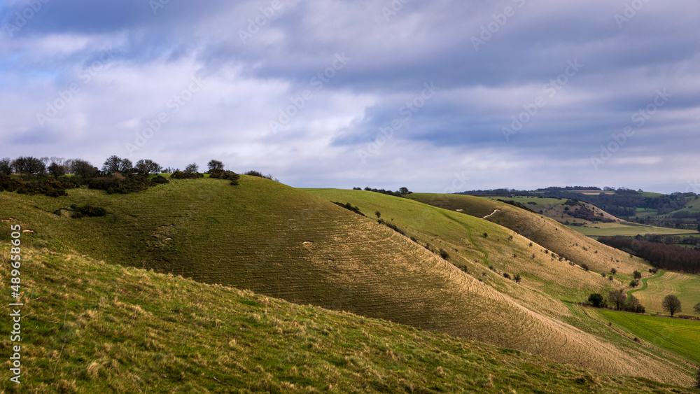 View across Pewsey Downs from the top of Knap hill near Marlborough Wiltshire south west England View across Pewsey Downs from the top of Knap hill near Marlborough Wiltshire south west England