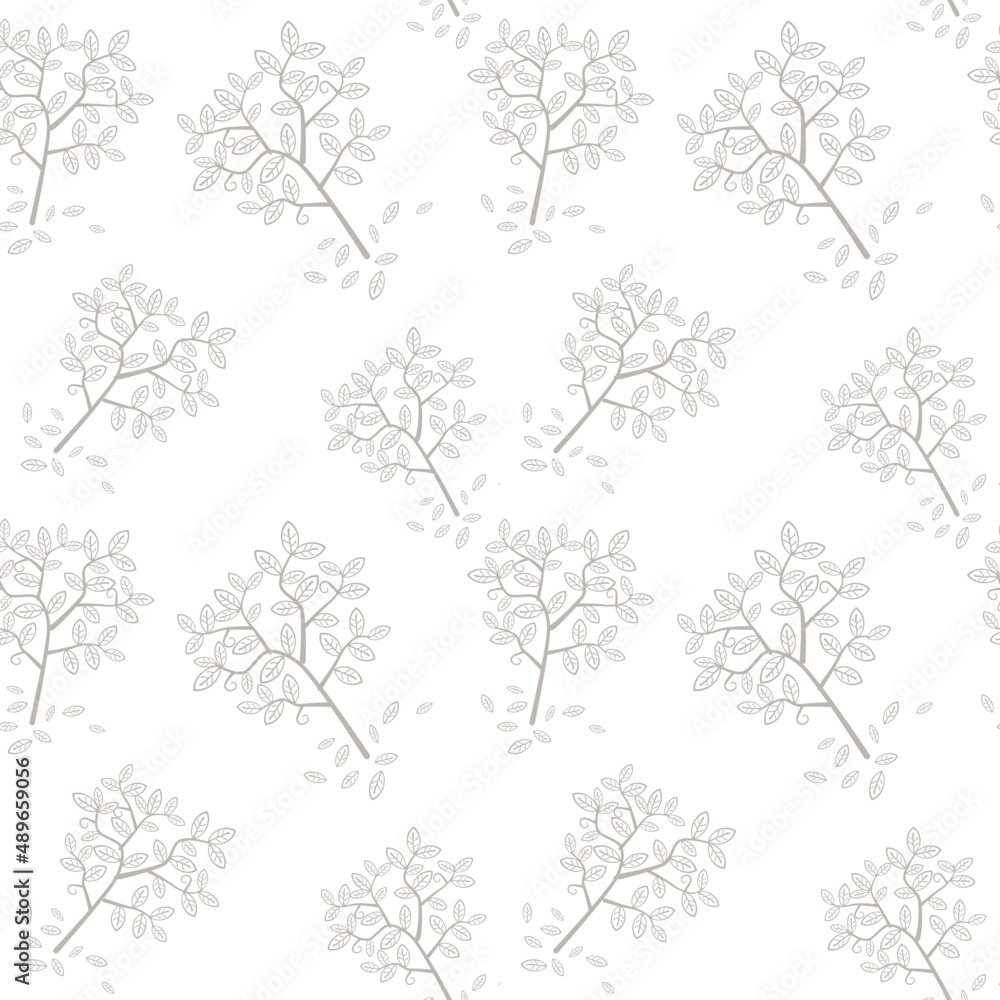 Grey tree and leaves in seamless pattern on white background for fabric and wallpaper , minimal concept