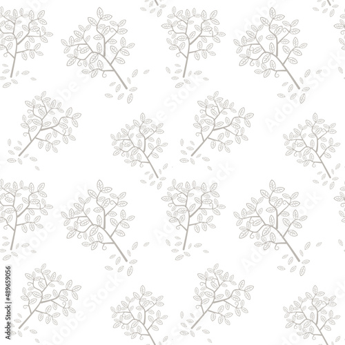 Grey tree and leaves in seamless pattern on white background for fabric and wallpaper , minimal concept