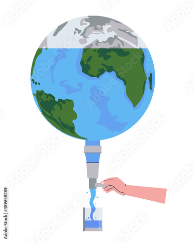 Saving water resources of the planet. Reduced consumption of drinking water due to lack of tap water and depletion of the planet. Flat vector illustration. Eps10