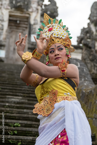 Portrait Balinese women wearing traditional dance costume in Bali temple