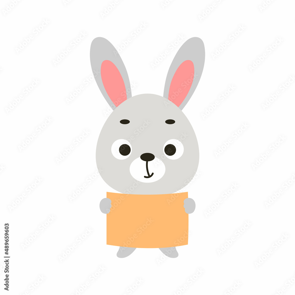 Cute little bunny keep paper sheet on white background. Cartoon animal character for kids cards, baby shower, invitation, poster, t-shirt composition, house interior. Vector stock illustration. Cute little bunny keep paper sheet on white background. Cartoon animal character for kids cards, baby shower, invitation, poster, t-shirt composition, house interior. Vector stock illustration.