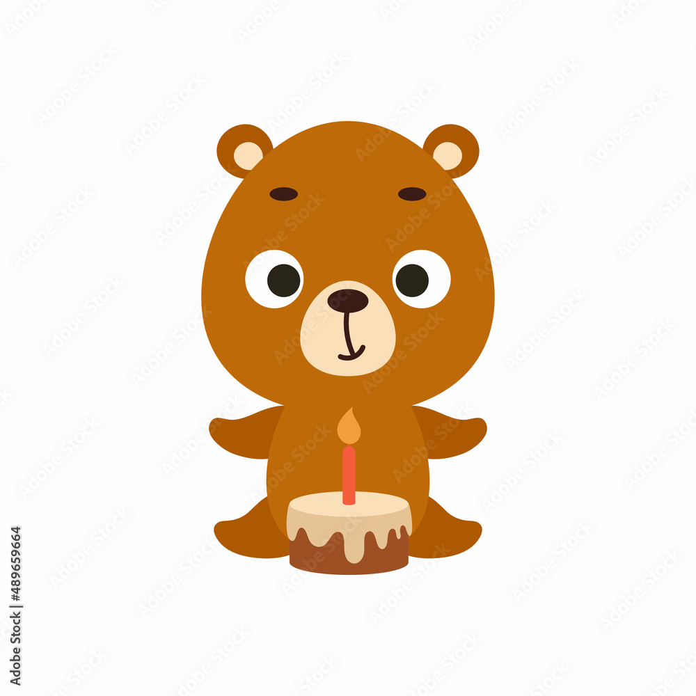 Cute little bear with birthday cake on white background. Cartoon animal character for kids cards, baby shower, invitation, poster, t-shirt composition, house interior. Vector stock illustration. Cute little bear with birthday cake on white background. Cartoon animal character for kids cards, baby shower, invitation, poster, t-shirt composition, house interior. Vector stock illustration.