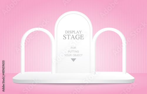 white arch frame backdrop stage 3d illustration vector on sweet pastel pink background for putting your object