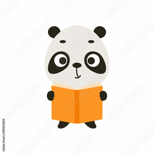 Cute little panda read book on white background. Cartoon animal character for kids cards, baby shower, invitation, poster, t-shirt composition, house interior. Vector stock illustration.