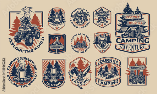 Set of vintage emblem for the camping theme. Perfect for posters, apparel, T-shirt design, and many other uses. Layered