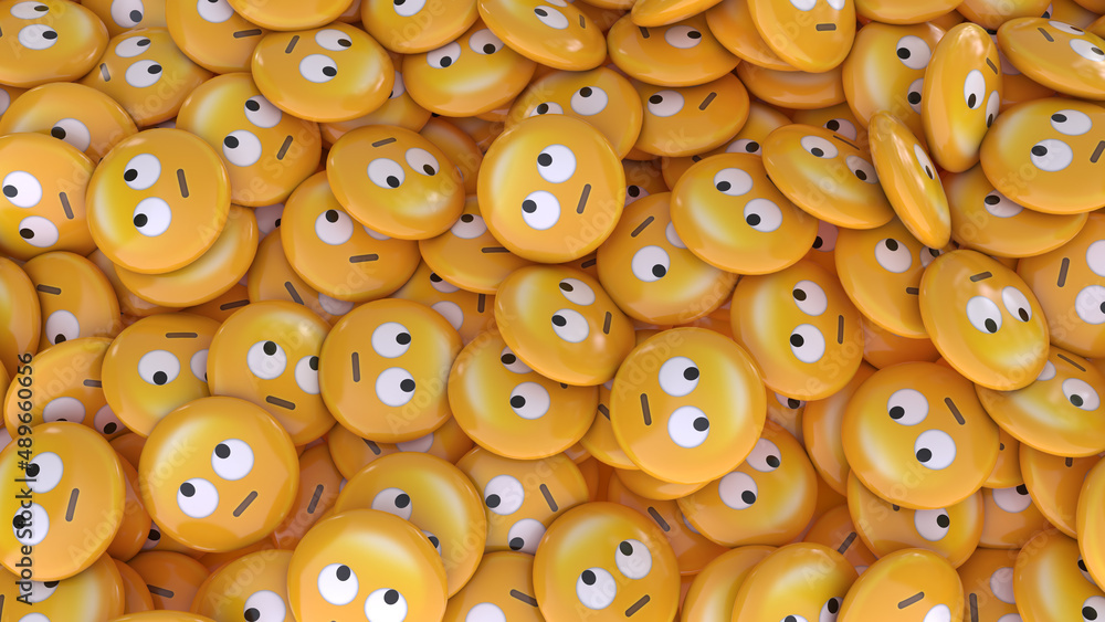 Obraz premium 3d rendering of a lot of emojis with skeptical looks on the face.