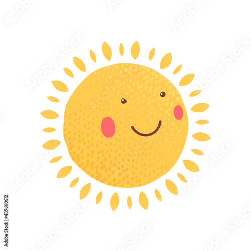 Sun. The cheerful, kind yellow sun is smiling. Vector cartoon illustration.