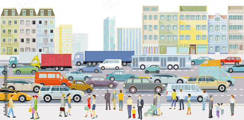 Großstadt mit viel verkehr, LKW und Personenwagen, Illustration