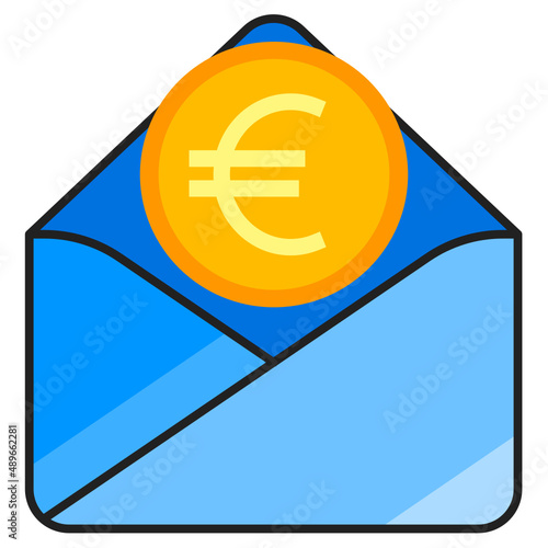 Open mail with euro coin attachment. Opened email. Open mail icon.