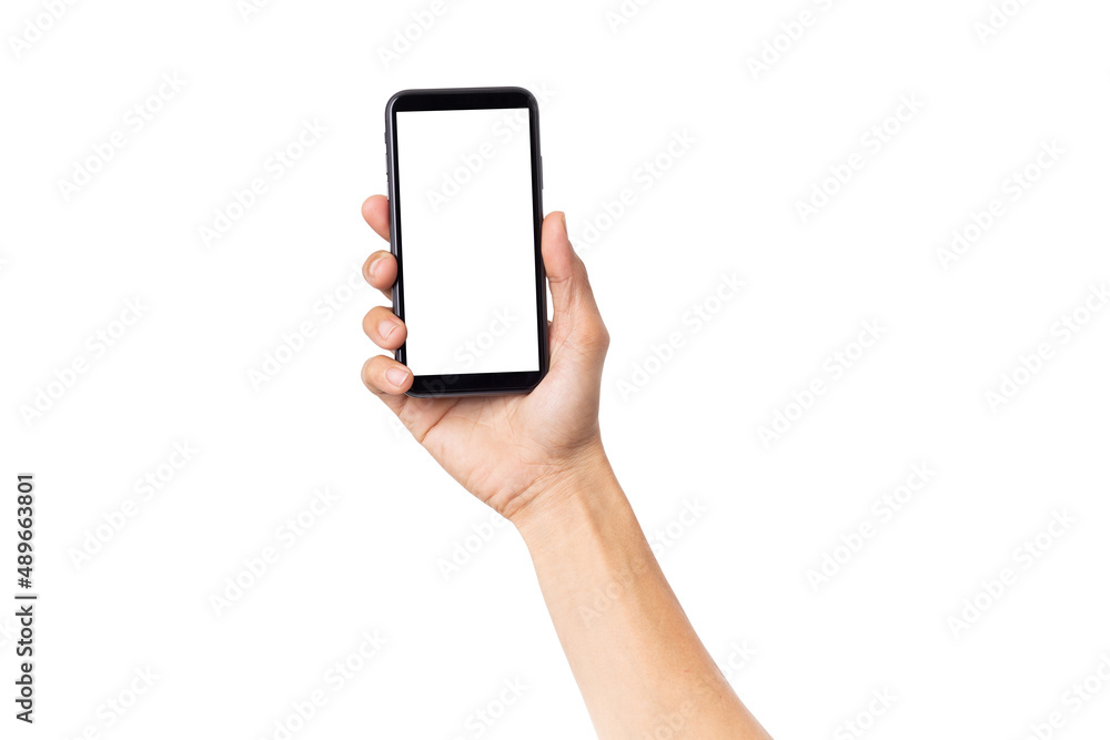 Hand business man holding mobile smartphone with blank screen isolated on white background with clipping path Hand business man holding mobile smartphone with blank screen isolated on white background with clipping path