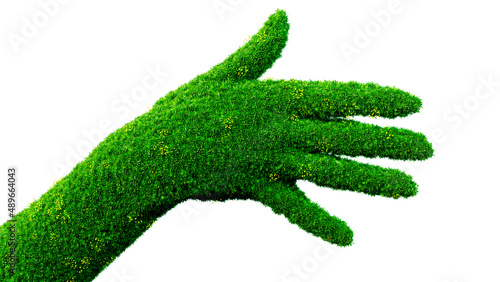Hand cover by grass, mother nature concept. Hand reaching. empty, arm and hand. 3D rendering. full of grass or made of green field. Eco-friendly and sustainable message. good for text and slide. 