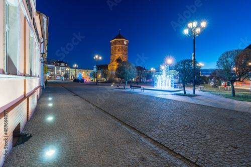 Znin, Poland December 20, 2021; The urban landscape of the town of Żnin in the evening, Kuyavian-Pomeranian Voivodeship, Poland.