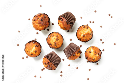 Obraz na płótnie Chocolate chip muffins isolated on white background. top view 
