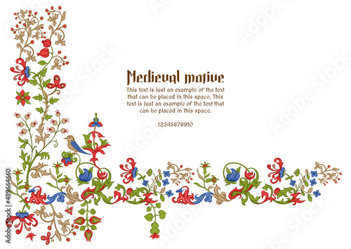 Floral vintage Medieval illuminati manuscript inspiration. Romanesque style. Template for greeting card, banner, gift voucher, label. Vector illustration