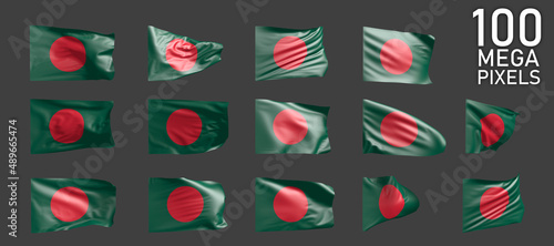 Bangladesh flag isolated - various images of the waving flag on grey background - object 3D illustration