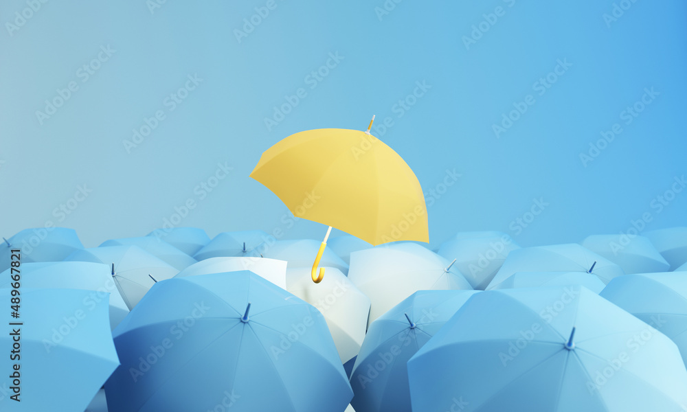 abstract Insurance holding yellow umbrella to protect the life, health, savings, investment and accident, Insurance concept. on many blue umbrella 3d render