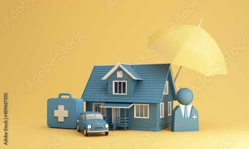 Insurance company client take out complete insurance concept. Assurance and insurance: car, real estate and property, travel, finances, health, family and life. 3d render yellow and blue