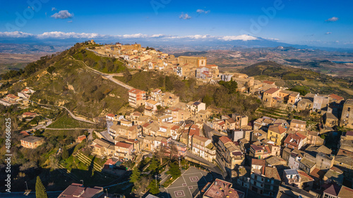 Εκτύπωση καμβά Aerial View of Aidone with the Mount Etna in the Background, Enna, Sicily, Italy