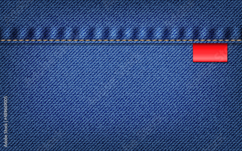 Blue denim jeans texture with stitch seam and label. Vector background
