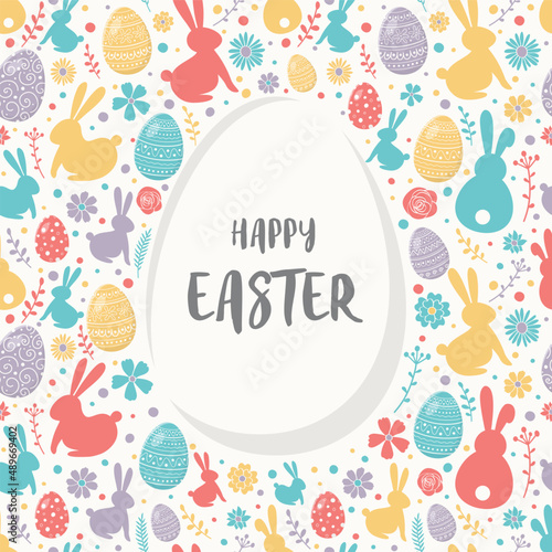 Easter greeting card with colourful bunnies, eggs and flowers. Vector