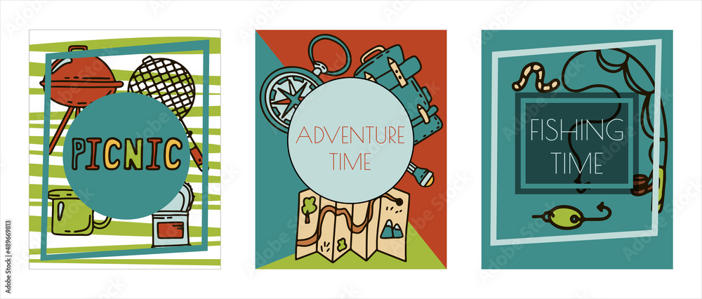 Fototapeta premium Doodle vector camping bannersset. Sketch hiking Icons.Hand draw illustration for summer picnic in nature. Camping equipment