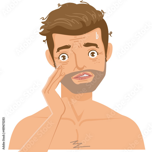 man; face; damaged skin; acne; blackhead; under the eyes; wrinkles; dark skin; dry skin; oily skin; skin 