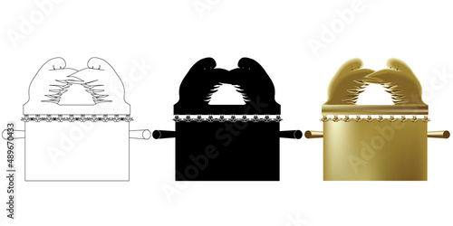 The Ark of the Testimony with an elaborate lid called the Mercy seat a special gold-plated chest that was in the Jewish Temple in Jerusalem.  One of the biblical vessels. vector illustration Symbol 