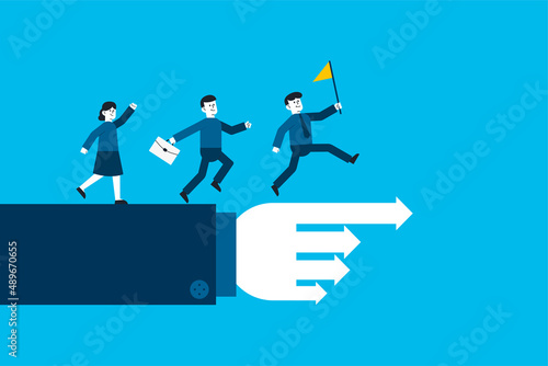 businessman leader holding winner flag running lead business people on pointing finger. Leadership to lead team members, business direction to achieve goal or target, teamwork to success in work.