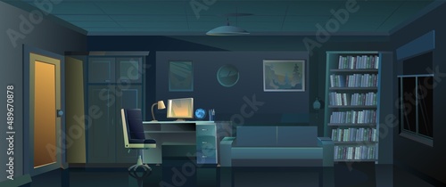 Office for work and study in nighttime. Work desk with armchair and PC computer. Sofa book shelves. Cozy room. Cartoon funny style illustration. Vector