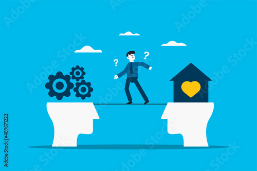 Work life balance as career or family relationship scales concept. Choose between passion, love versus job, money, professional management.
