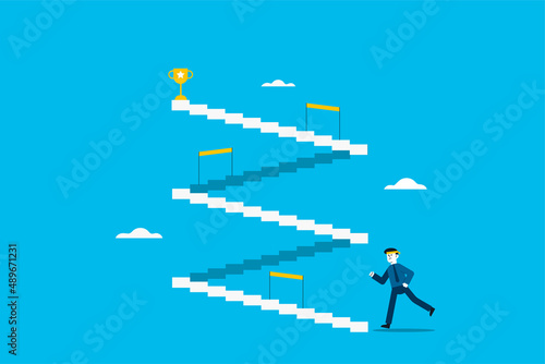 A businessman walks or runs up the stairs to a goal. Climb the ladder of success and advance in the work. of the most powerful organization business finance plan.