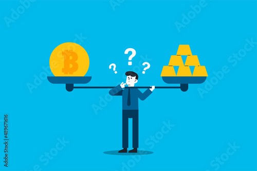 Business man with balance scales gold VS cryptocurrency concept.