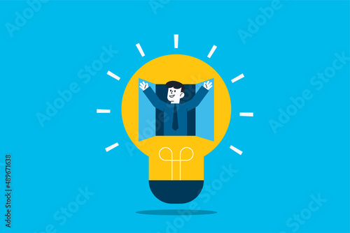 Creativity to help see business opportunity, vision to discover new solution or idea, curiosity, searching for success concept. businessman opens a window out of a light bulb