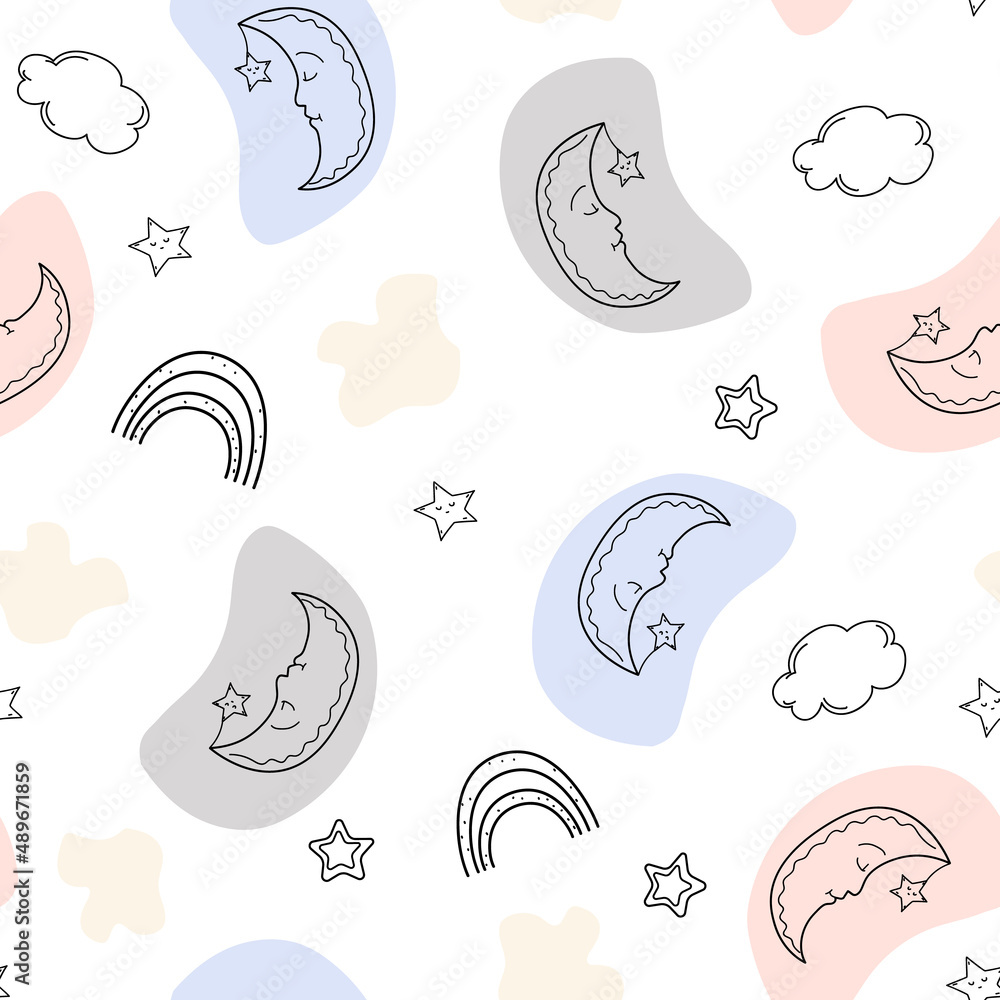 Seamless pattern with sleeping month, clouds and stars , doodle sketch hand drawn elements.
