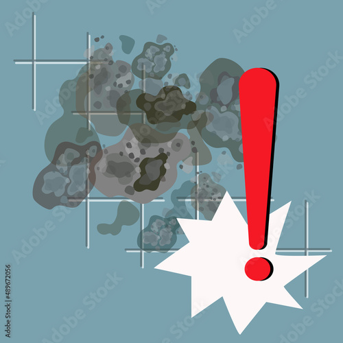 Toxic mildew spores. Black mold spots on the bathroom wall. Bacteria, microbes, viruses.