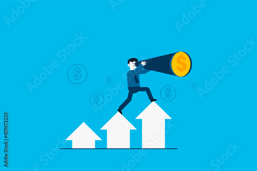 A businessman standing on the arrow looking through a telescope searching for financial opportunity.