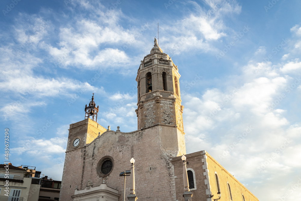 Old church and landmark in Sitges, Spain. Church of Sant Bartomeu & Santa Tecla.