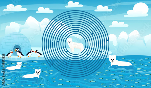 Arctic landscape and circle maze for kids with cute polar bears, puffins characters and ingloo, help to find right way, printable worksheet in cartoon style for school, animal wildlife theme