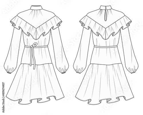 Womens Dress fashion flat sketch template. Fashion design. Trendy dress front and back view. Set of dresses. Fashion dress sketches.