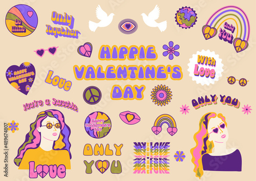 Retro 70s hippie girl. Psychedelic groovy stickers for Happy Valentines Day. Set with peace, love sign. With Love, Only you Text. Woman with glasses