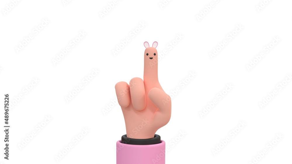 Human hand with a painted muzzle and bunny ears on the finger. 3d render illustration.