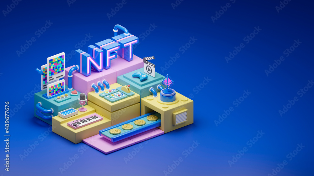 NFT Non-Fungible Token Cryptocurrency unique items art games characters collectibles exchanging technology network virtual blockchain marketplace concept. 3d rendering.