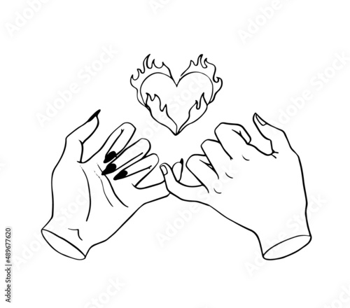 Pinky promise. Doodle hands and heart on fire. Crossed female hands little fingers promise to keep friendship. Vector sketch illustration isolated on white background.