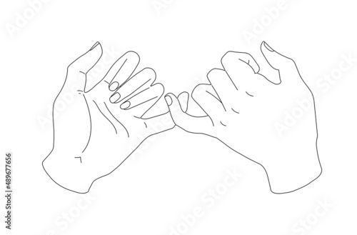 Pinky promise. The contour of hands, the promise to be together. Black outline of little fingers. Vector illustration of a pair of people's hands swearing on a white background.